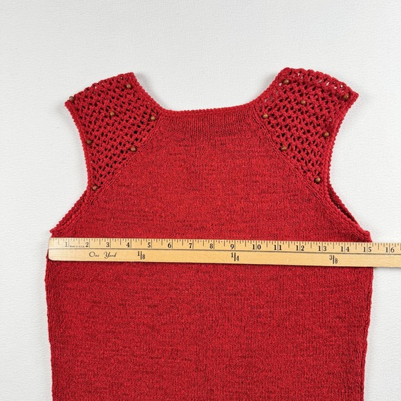 Orange Red Sleeveless Knit Shell Top Crochet Beaded Shoulders Keyhole Tie Boho - Picture 4 of 6